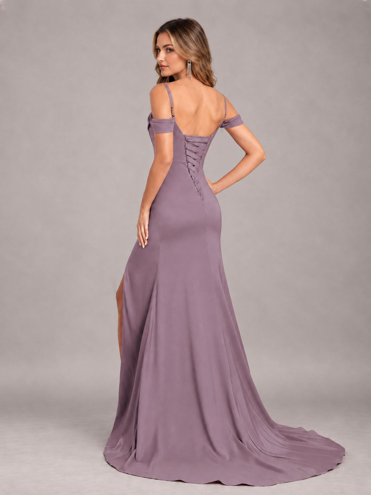Wisteria Trendy Spaghetti Straps Off The Shoulder Sweep Train Satin Bridesmaid Dress