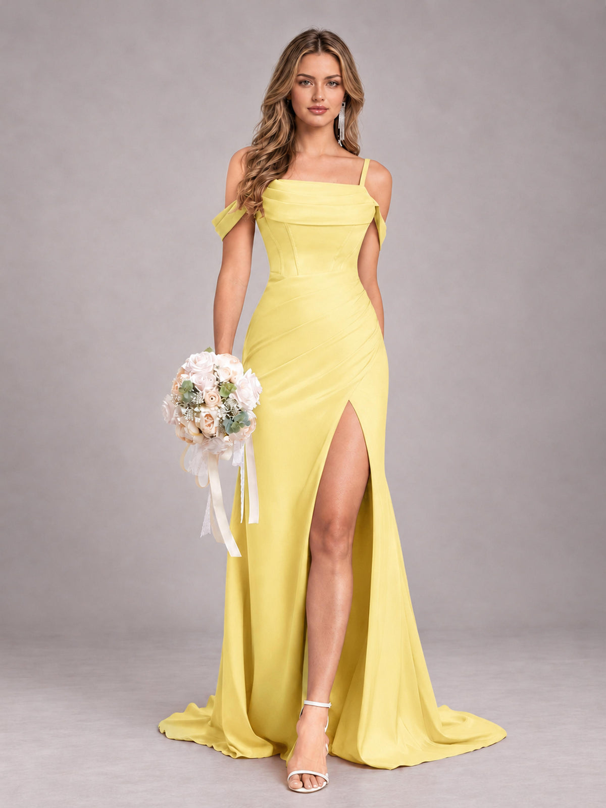 Yellow Trendy Spaghetti Straps Off The Shoulder Sweep Train Satin Bridesmaid Dress