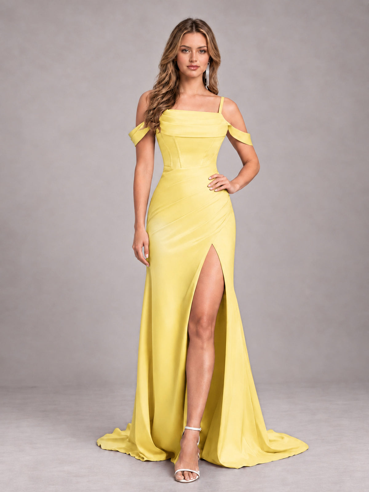 Yellow Trendy Spaghetti Straps Off The Shoulder Sweep Train Satin Bridesmaid Dress