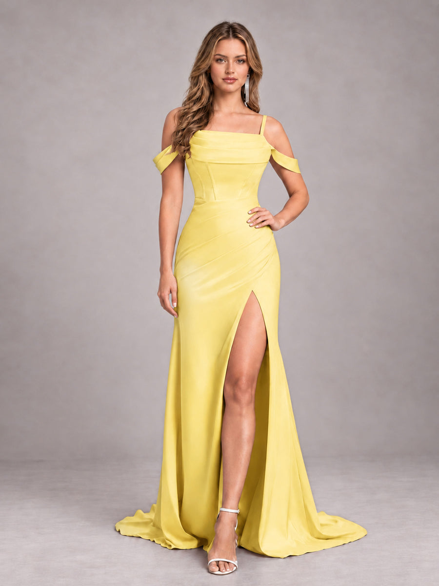 Yellow Trendy Spaghetti Straps Off The Shoulder Sweep Train Satin Bridesmaid Dress