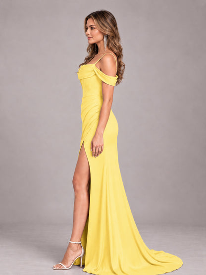 Yellow Trendy Spaghetti Straps Off The Shoulder Sweep Train Satin Bridesmaid Dress