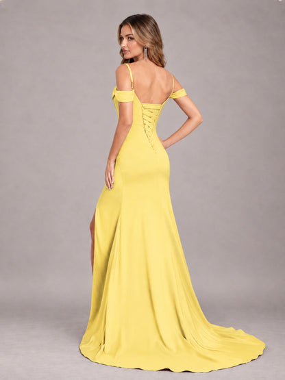 Yellow Trendy Spaghetti Straps Off The Shoulder Sweep Train Satin Bridesmaid Dress