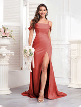 Trendy Spaghetti Straps Off The Shoulder Sweep Train Satin Party Dresses