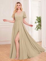 Trendy V-Neck Floor Length Chiffon Bridesmaid Dresses With Pockets