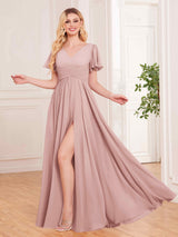 Trendy V-Neck Floor Length Chiffon Bridesmaid Dresses With Pockets