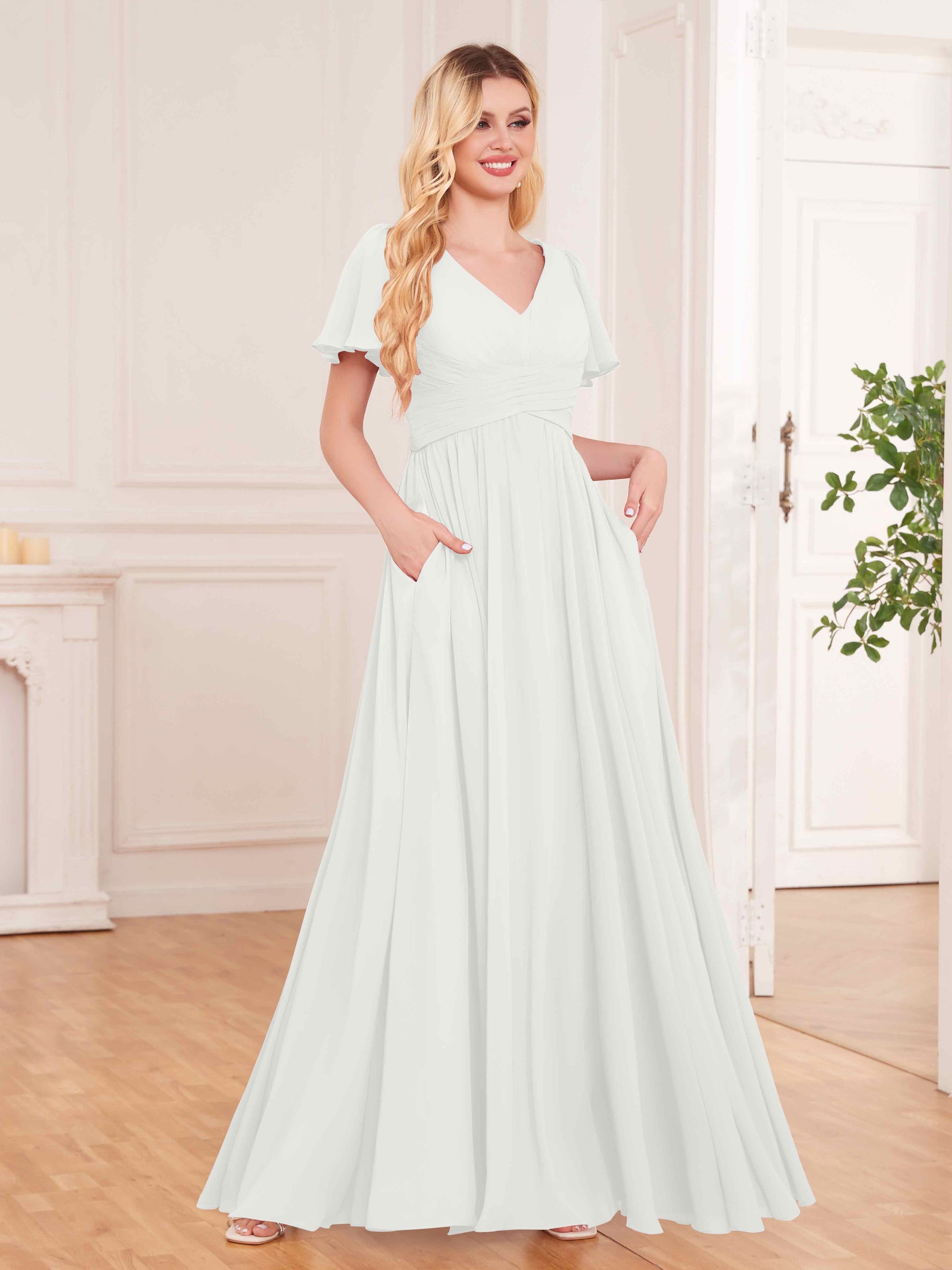 Trendy V-Neck Floor Length Chiffon Bridesmaid Dresses With Pockets –