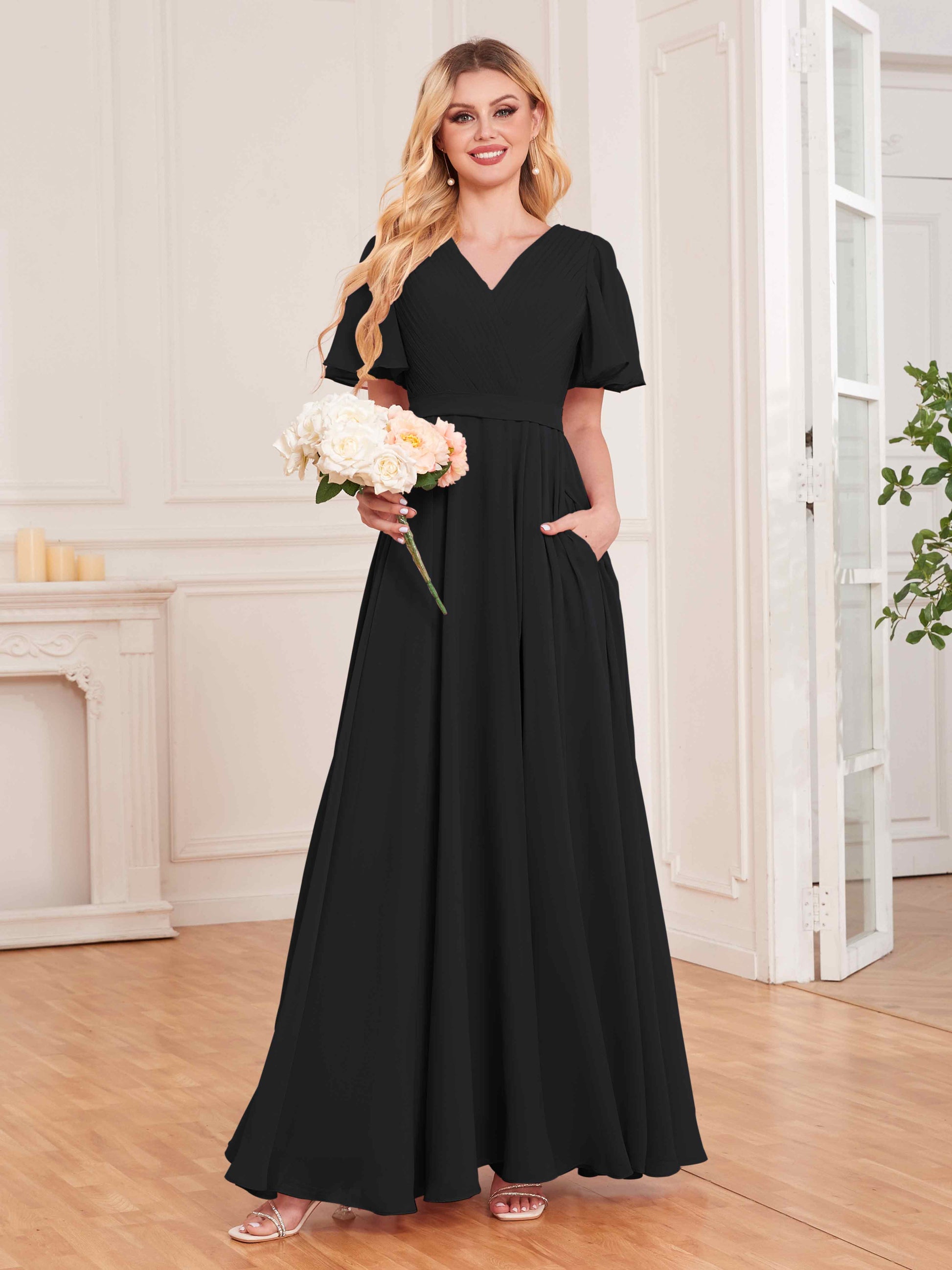 Trendy V-Neck Short Sleeves Chiffon Bridesmaid Dresses With Pockets –