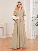 Trendy V-Neck Short Sleeves Chiffon Bridesmaid Dresses With Pockets