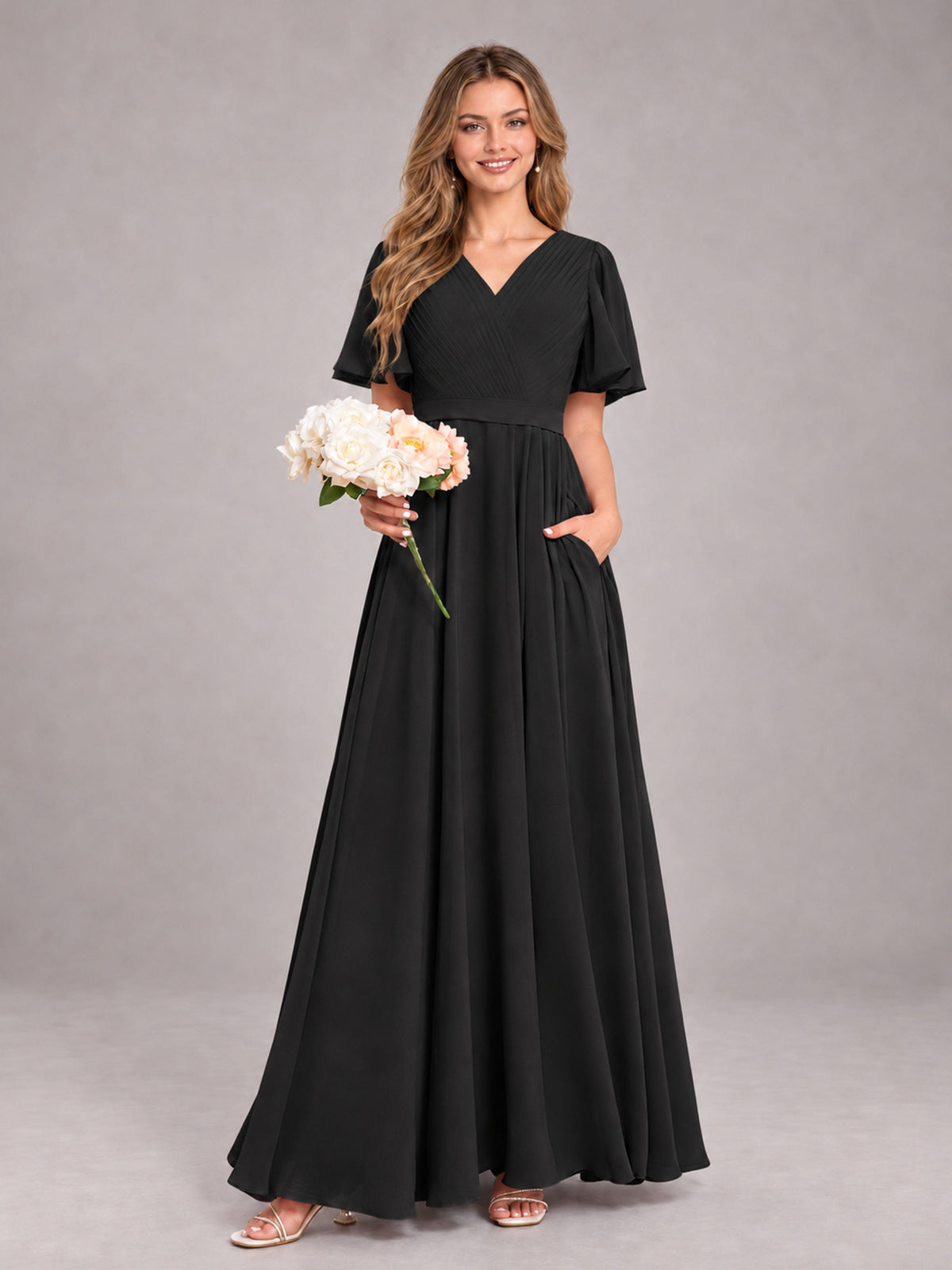 Black Trendy V-Neck Short Sleeves Chiffon Bridesmaid Dress With Pockets