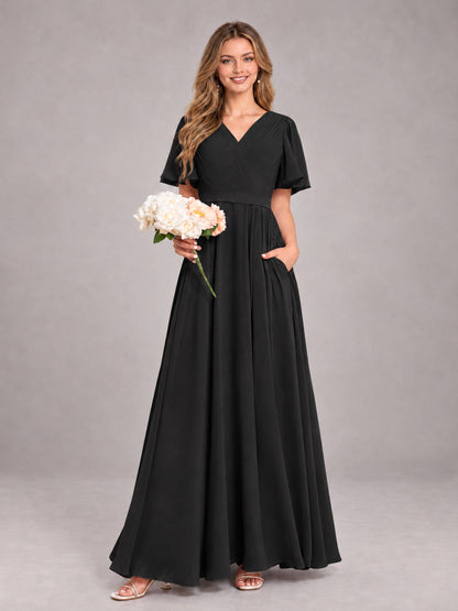 Black Trendy V-Neck Short Sleeves Chiffon Bridesmaid Dress With Pockets