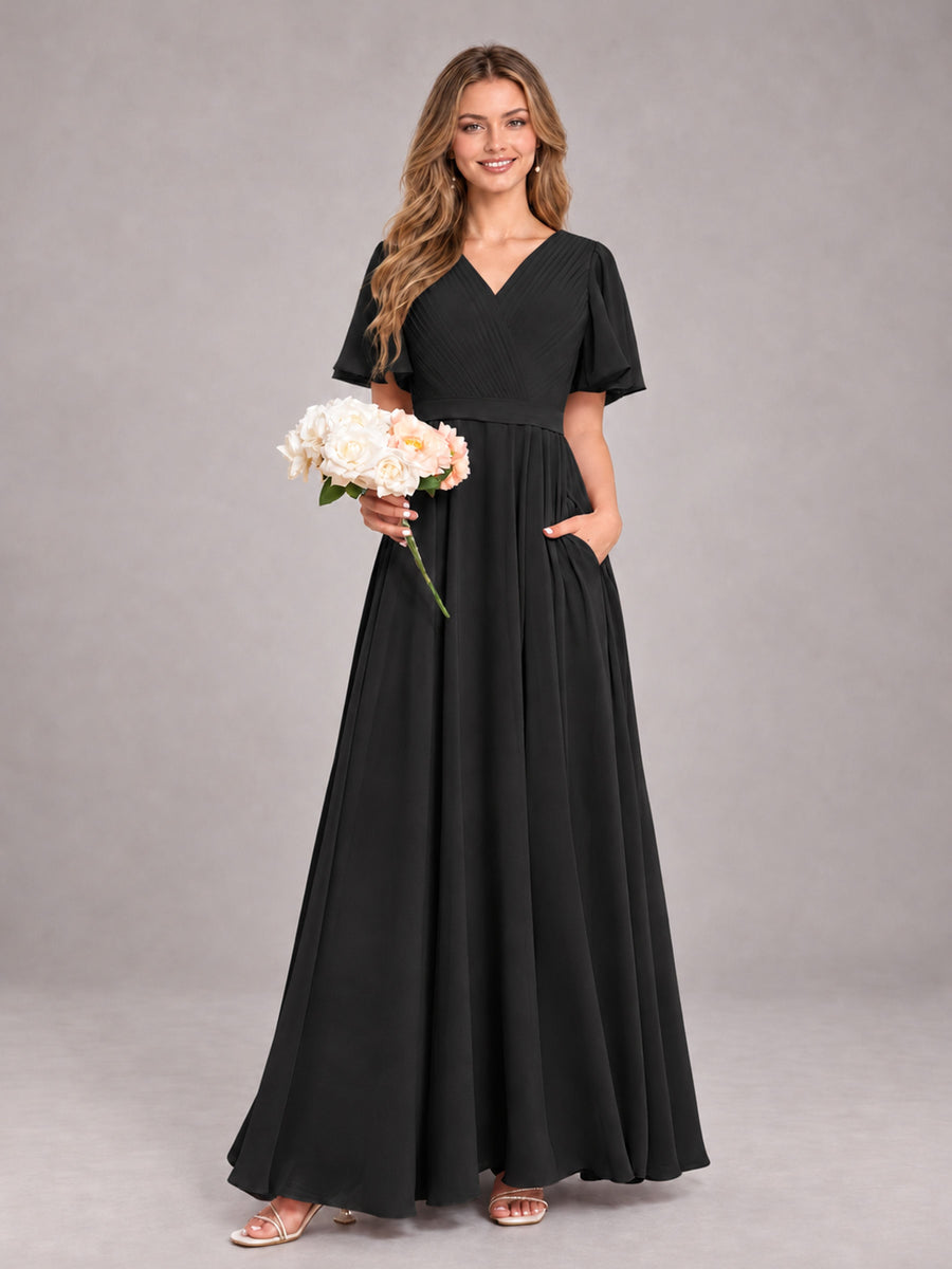 Black Trendy V-Neck Short Sleeves Chiffon Bridesmaid Dress With Pockets