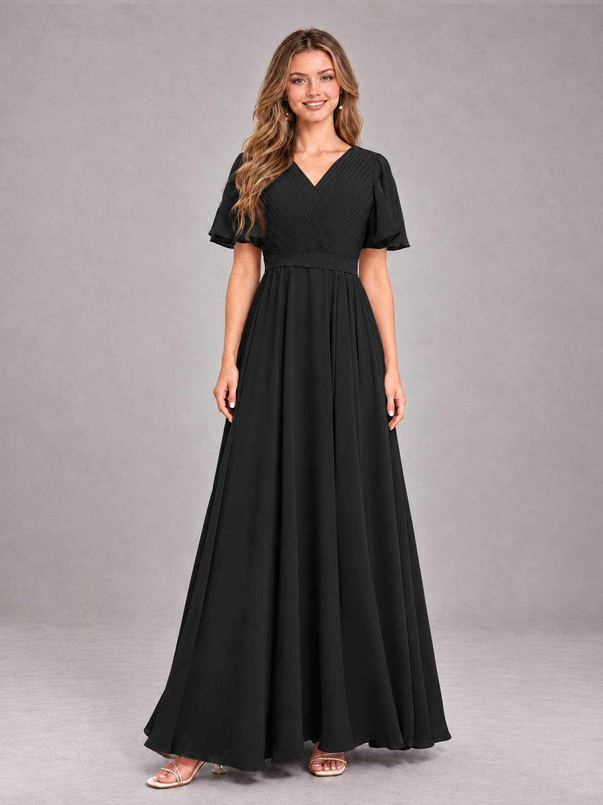 Black Trendy V-Neck Short Sleeves Chiffon Bridesmaid Dress With Pockets