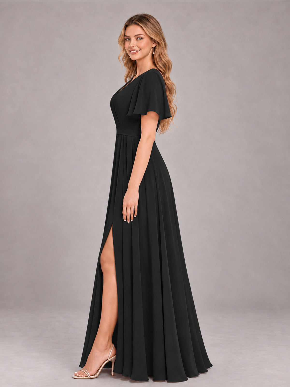 Black Trendy V-Neck Short Sleeves Chiffon Bridesmaid Dress With Pockets