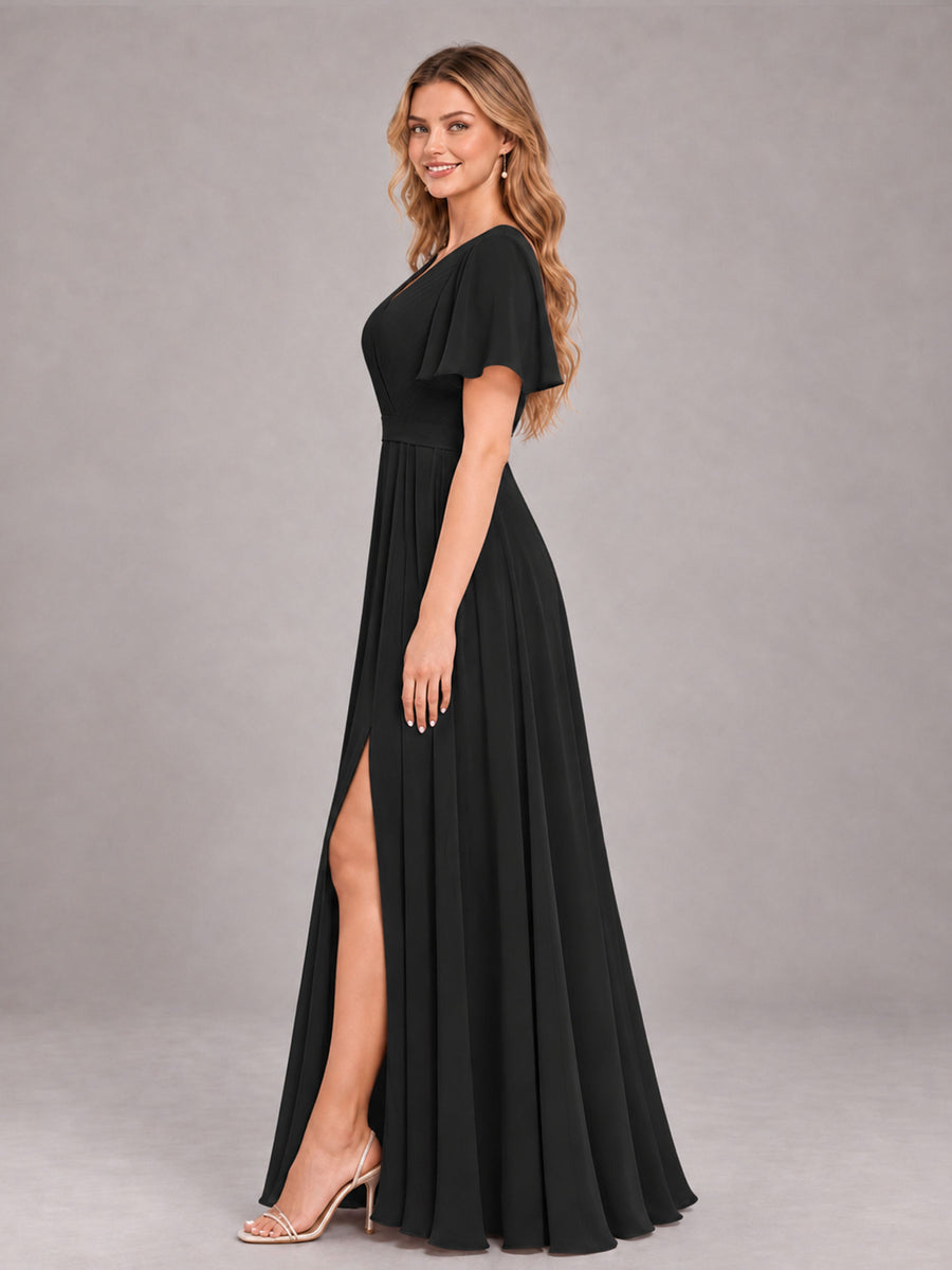 Black Trendy V-Neck Short Sleeves Chiffon Bridesmaid Dress With Pockets