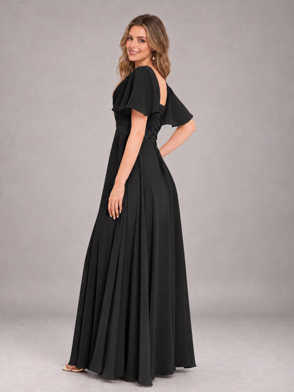 Black Trendy V-Neck Short Sleeves Chiffon Bridesmaid Dress With Pockets