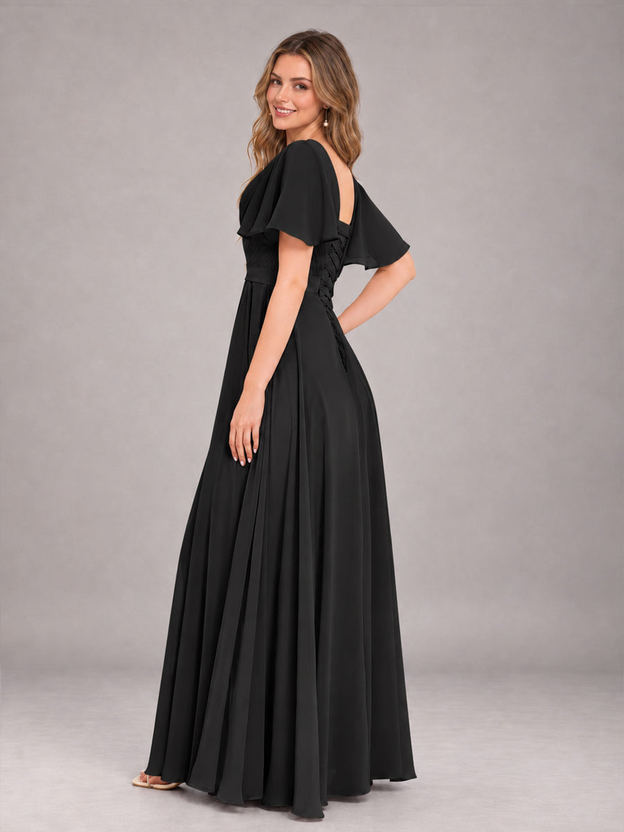 Black Trendy V-Neck Short Sleeves Chiffon Bridesmaid Dress With Pockets