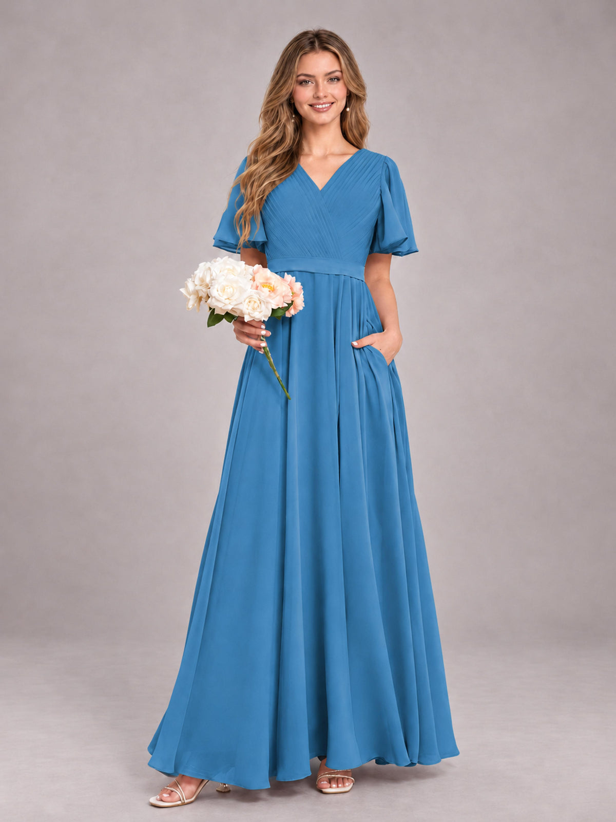 Blue Trendy V-Neck Short Sleeves Chiffon Bridesmaid Dress With Pockets