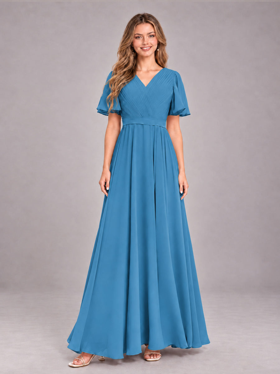 Blue Trendy V-Neck Short Sleeves Chiffon Bridesmaid Dress With Pockets