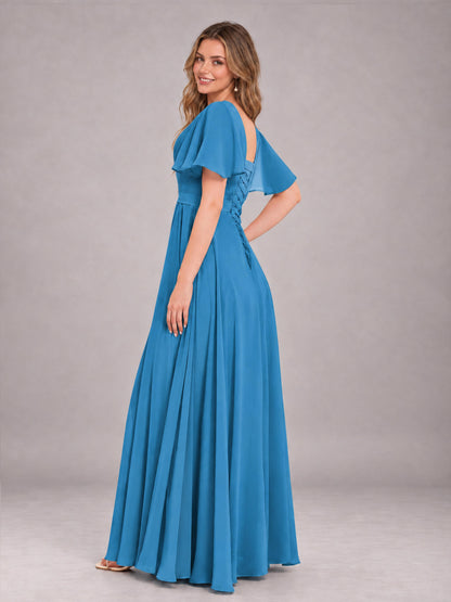 Blue Trendy V-Neck Short Sleeves Chiffon Bridesmaid Dress With Pockets