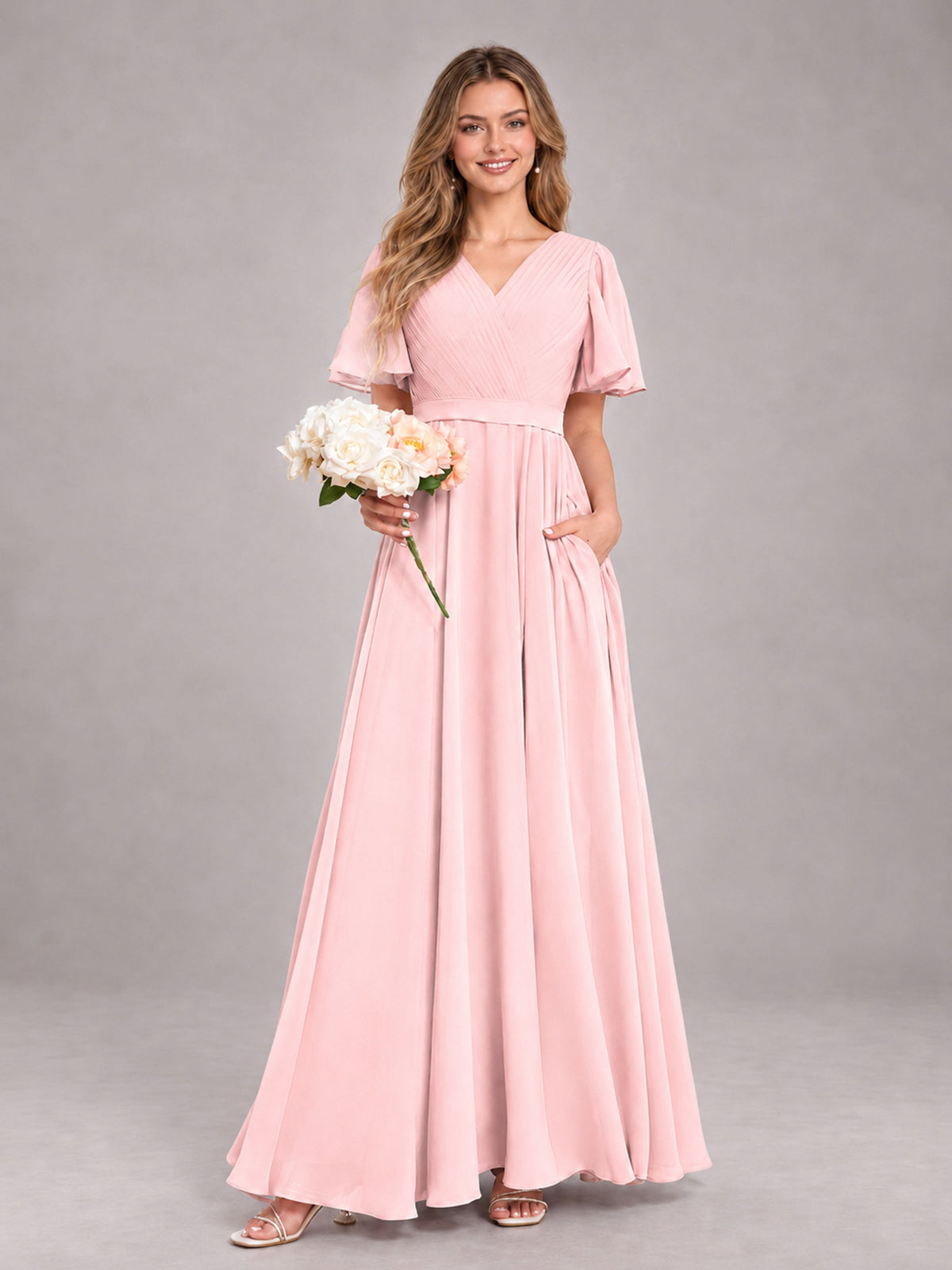 Blush Pink Trendy V-Neck Short Sleeves Chiffon Bridesmaid Dress With Pockets