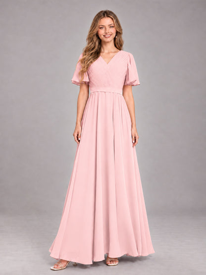 Blush Pink Trendy V-Neck Short Sleeves Chiffon Bridesmaid Dress With Pockets