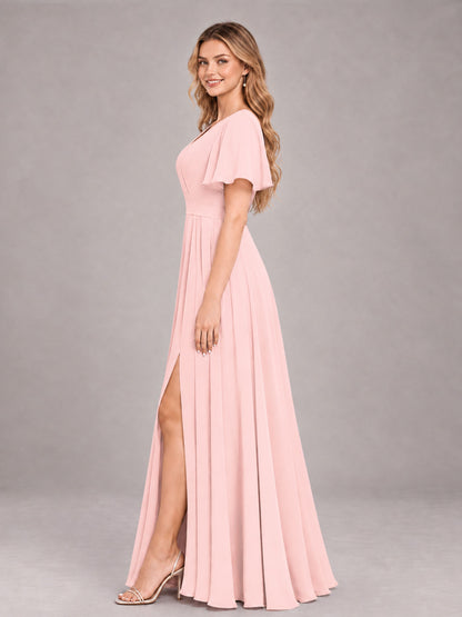 Blush Pink Trendy V-Neck Short Sleeves Chiffon Bridesmaid Dress With Pockets