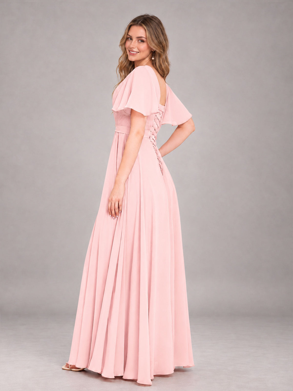 Blush Pink Trendy V-Neck Short Sleeves Chiffon Bridesmaid Dress With Pockets