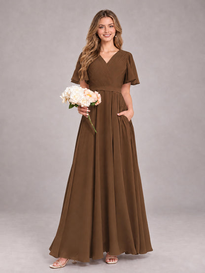 Brown Trendy V-Neck Short Sleeves Chiffon Bridesmaid Dress With Pockets