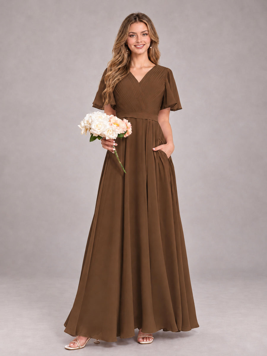 Brown Trendy V-Neck Short Sleeves Chiffon Bridesmaid Dress With Pockets