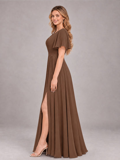 Brown Trendy V-Neck Short Sleeves Chiffon Bridesmaid Dress With Pockets