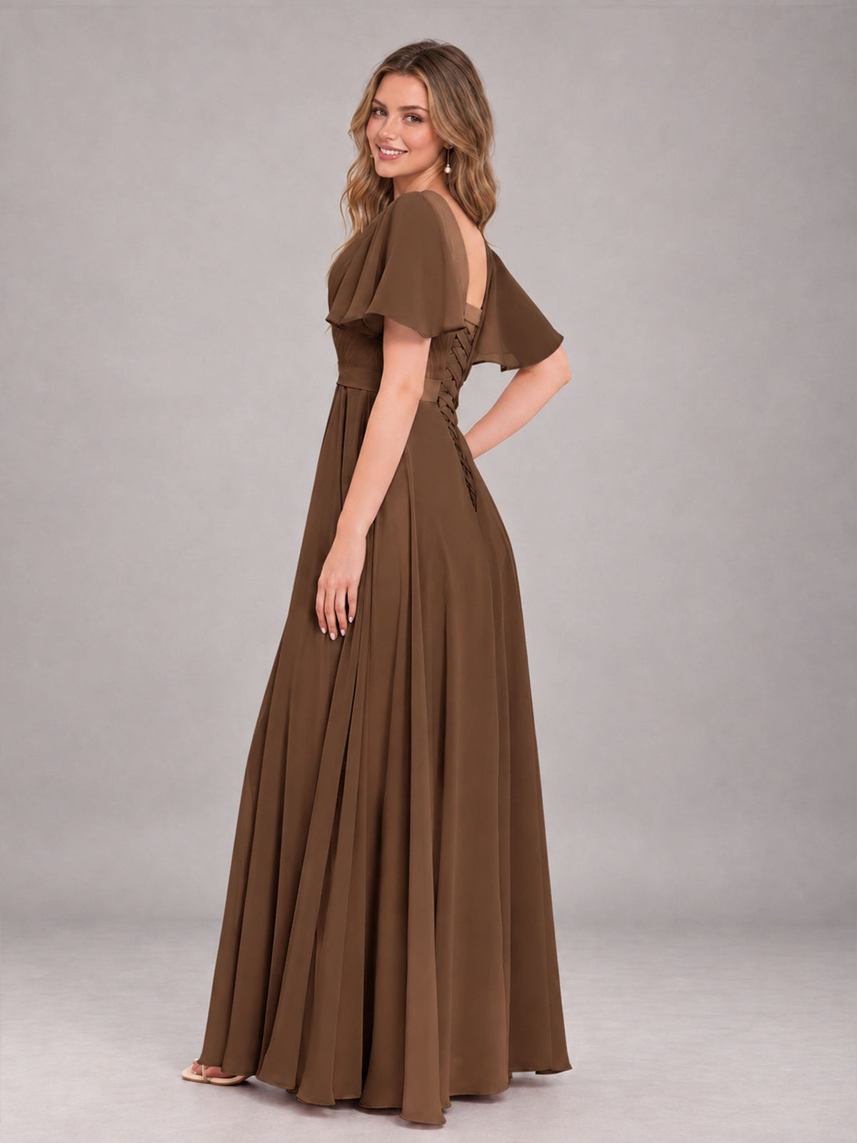 Brown Trendy V-Neck Short Sleeves Chiffon Bridesmaid Dress With Pockets
