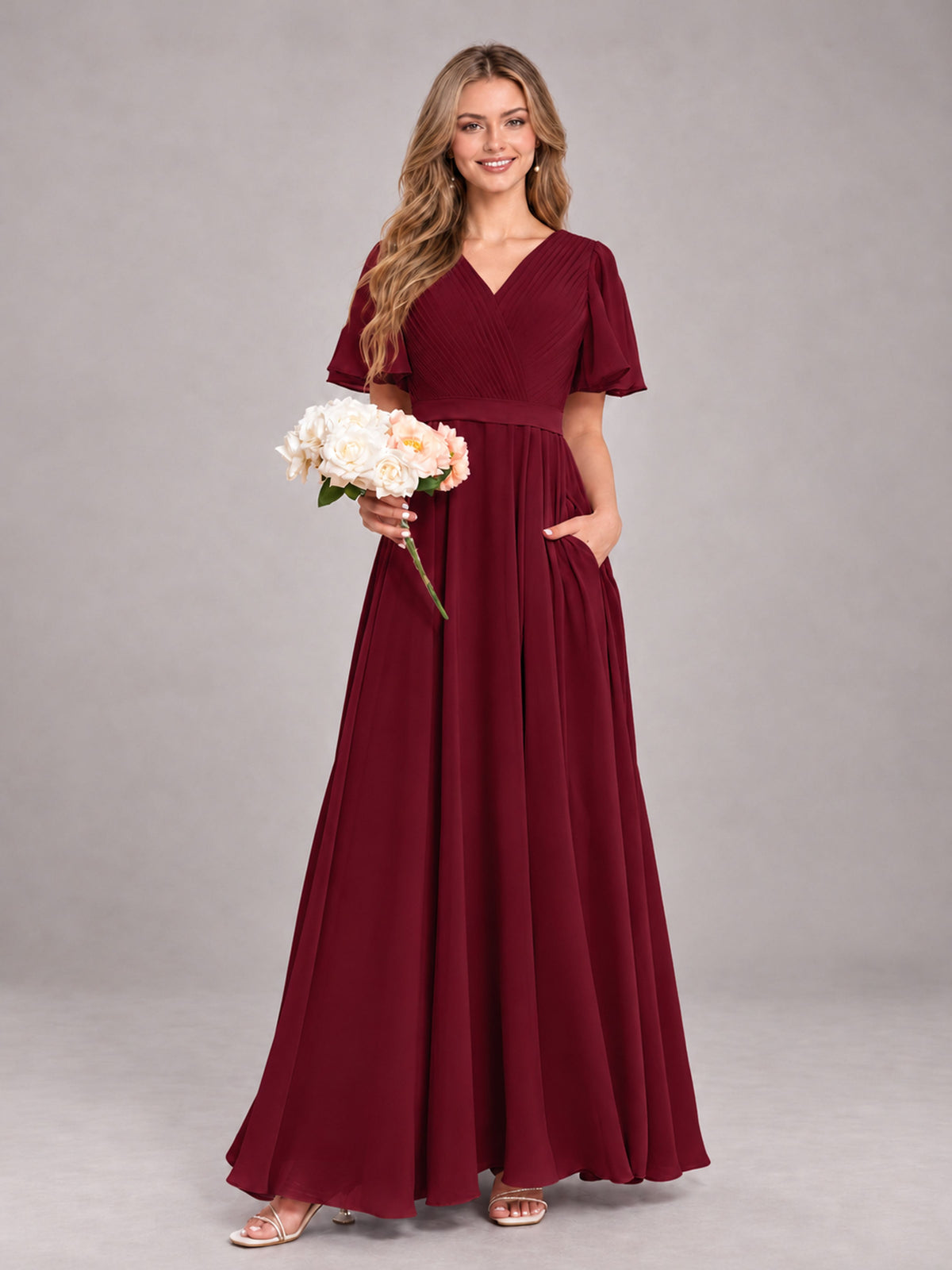 Burgundy Trendy V-Neck Short Sleeves Chiffon Bridesmaid Dress With Pockets
