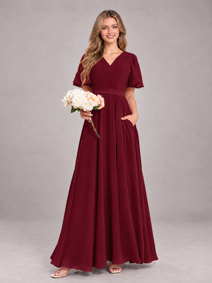 Burgundy Trendy V-Neck Short Sleeves Chiffon Bridesmaid Dress With Pockets
