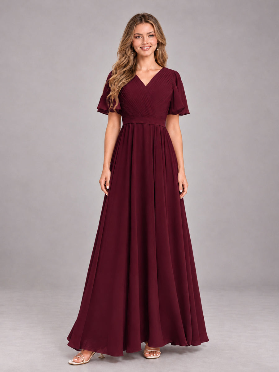 Burgundy Trendy V-Neck Short Sleeves Chiffon Bridesmaid Dress With Pockets