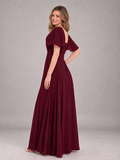 Burgundy Trendy V-Neck Short Sleeves Chiffon Bridesmaid Dress With Pockets
