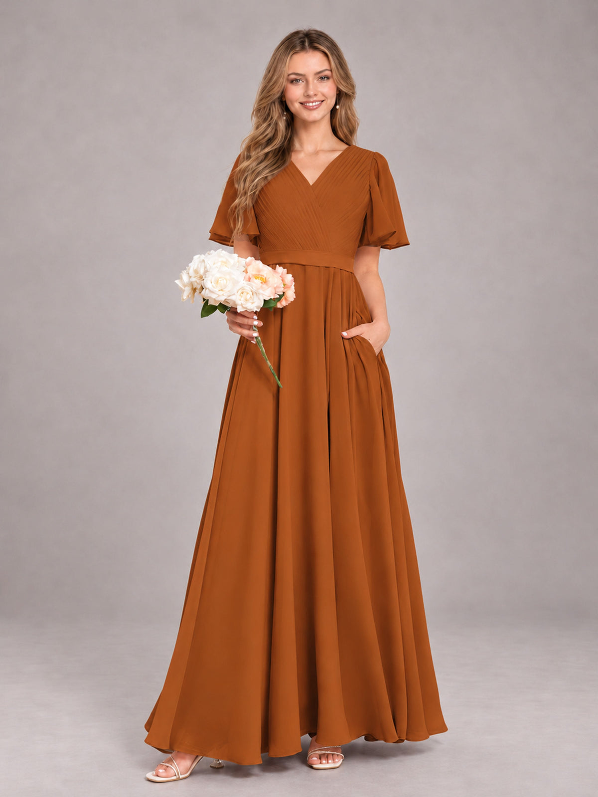 Burnt Orange Trendy V-Neck Short Sleeves Chiffon Bridesmaid Dress With Pockets
