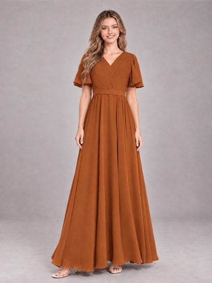 Burnt Orange Trendy V-Neck Short Sleeves Chiffon Bridesmaid Dress With Pockets