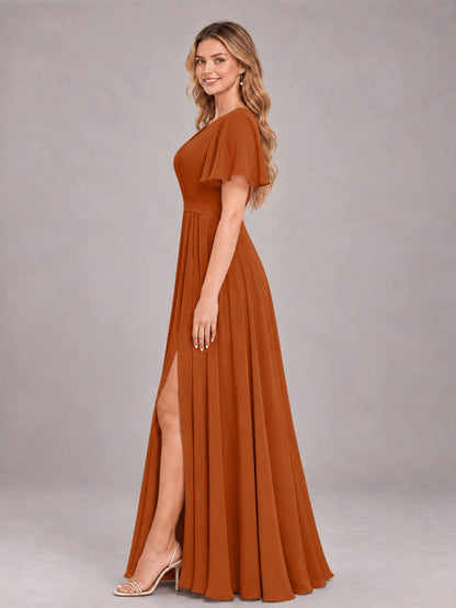 Burnt Orange Trendy V-Neck Short Sleeves Chiffon Bridesmaid Dress With Pockets