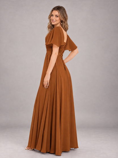 Burnt Orange Trendy V-Neck Short Sleeves Chiffon Bridesmaid Dress With Pockets