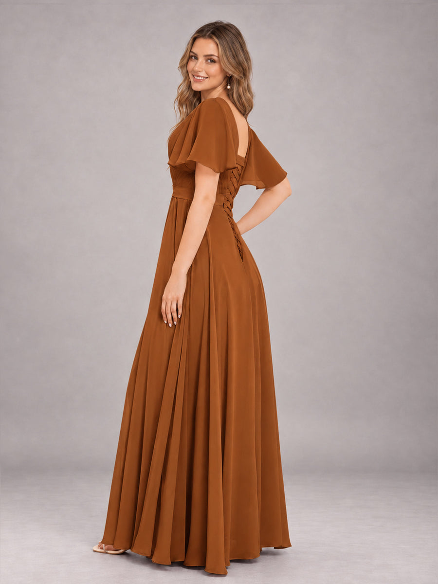 Burnt Orange Trendy V-Neck Short Sleeves Chiffon Bridesmaid Dress With Pockets