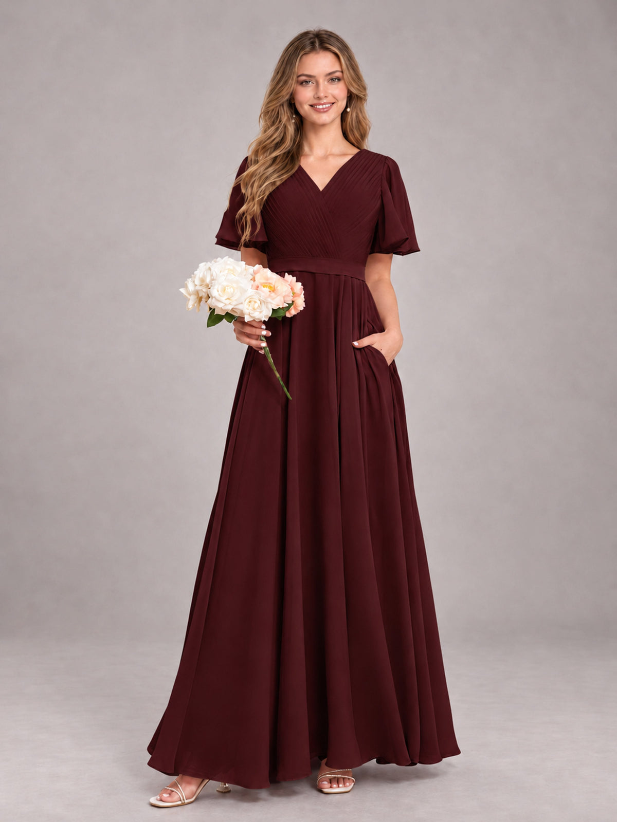 Cabernet Trendy V-Neck Short Sleeves Chiffon Bridesmaid Dress With Pockets