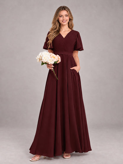 Cabernet Trendy V-Neck Short Sleeves Chiffon Bridesmaid Dress With Pockets