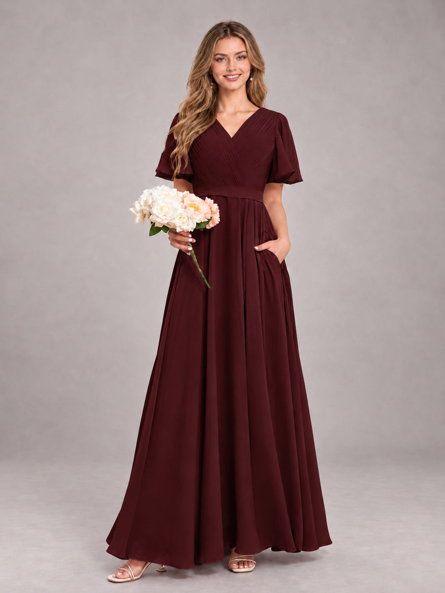Cabernet Trendy V-Neck Short Sleeves Chiffon Bridesmaid Dress With Pockets
