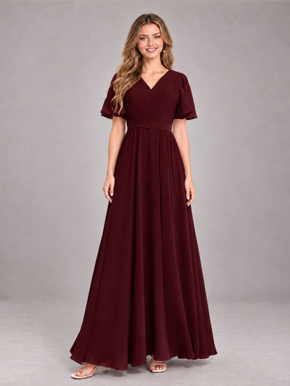 Cabernet Trendy V-Neck Short Sleeves Chiffon Bridesmaid Dress With Pockets