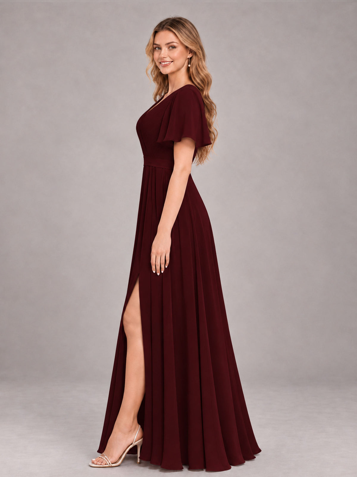 Cabernet Trendy V-Neck Short Sleeves Chiffon Bridesmaid Dress With Pockets
