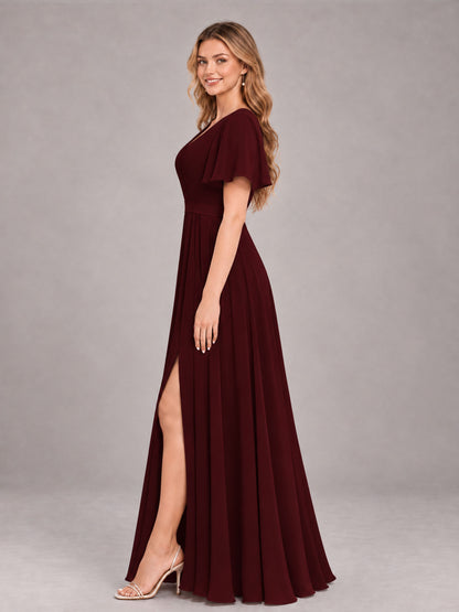 Cabernet Trendy V-Neck Short Sleeves Chiffon Bridesmaid Dress With Pockets