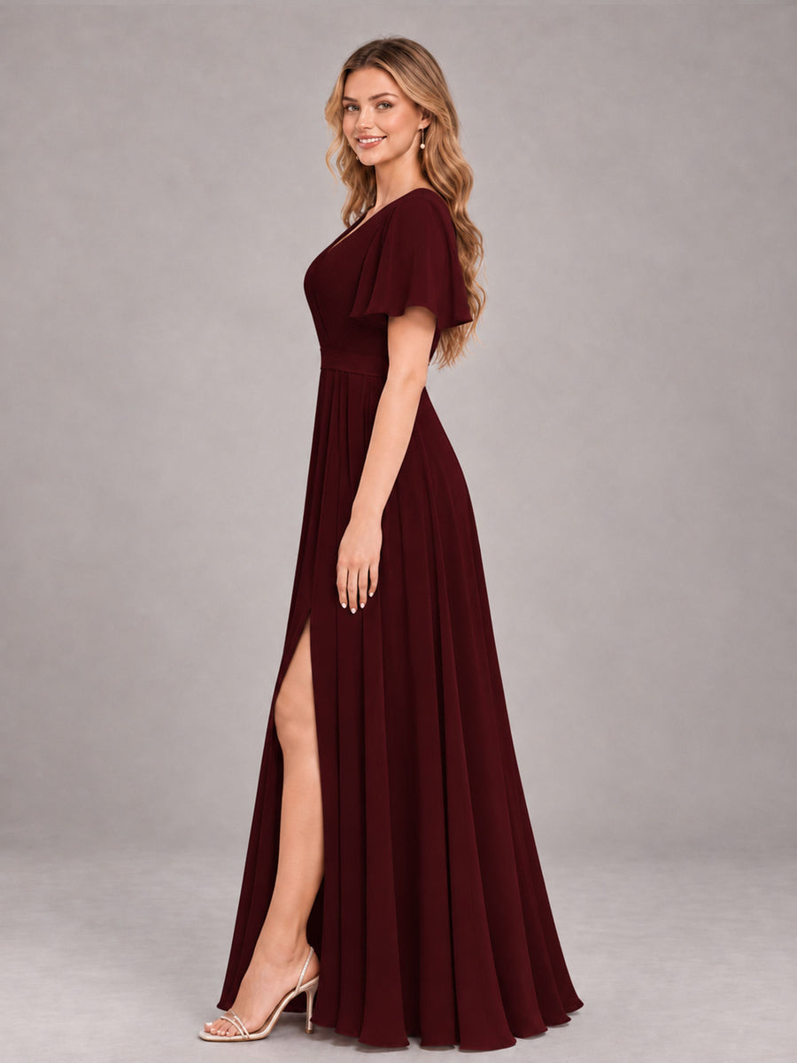 Cabernet Trendy V-Neck Short Sleeves Chiffon Bridesmaid Dress With Pockets