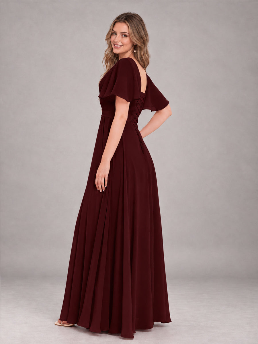 Cabernet Trendy V-Neck Short Sleeves Chiffon Bridesmaid Dress With Pockets