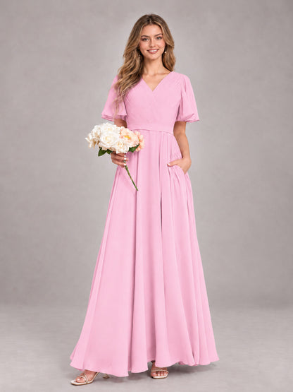 Candy Pink Trendy V-Neck Short Sleeves Chiffon Bridesmaid Dress With Pockets