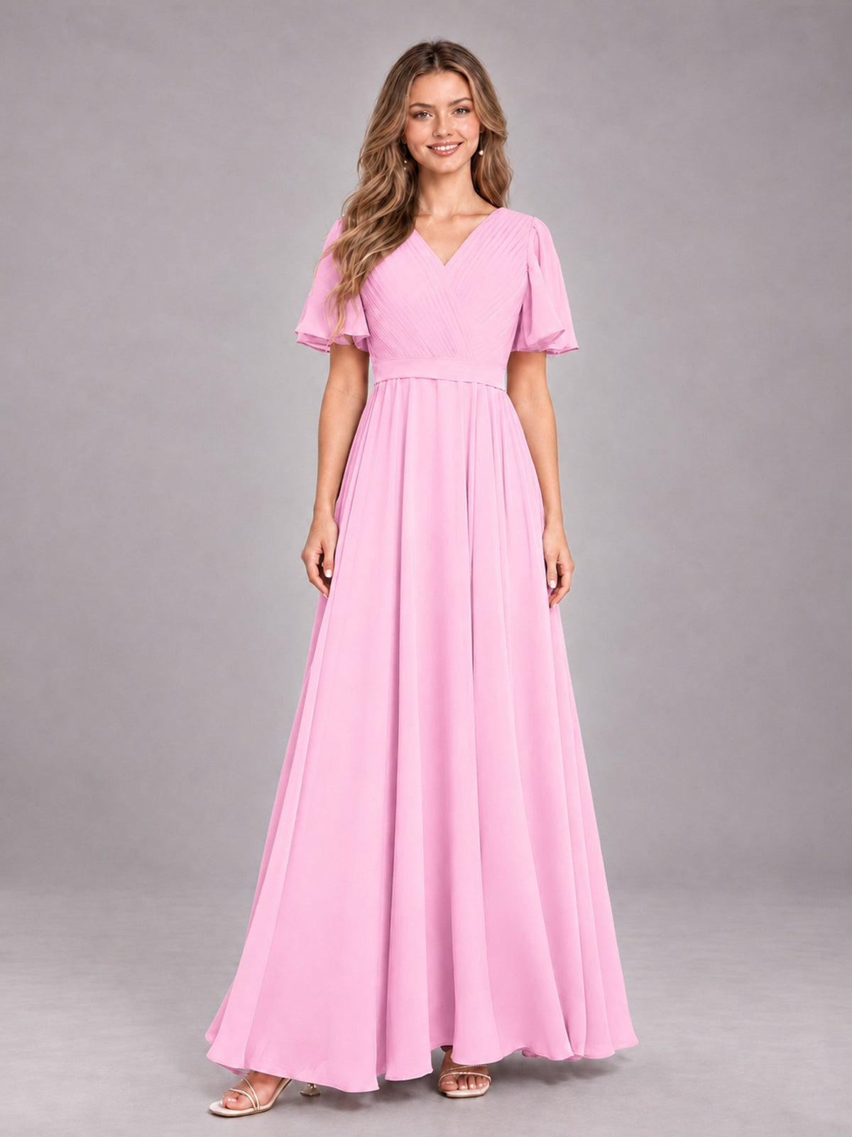 Candy Pink Trendy V-Neck Short Sleeves Chiffon Bridesmaid Dress With Pockets
